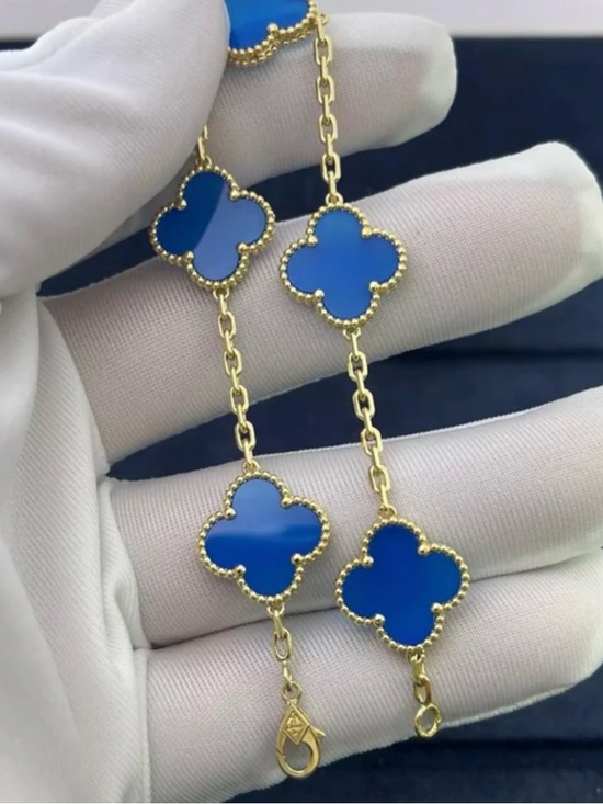 None Jewelry - Gold and Blue Clover Bracelet